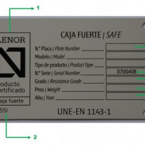 Ejemplo de una placa que debe llevar en su interior la caja fuerte y su correspondiente certificado del producto para ver con más detalle hacer clic en la imagen